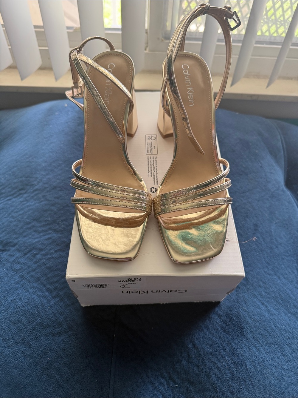 Calvin Klein Metallic Rose Gold Strappy Block Heel Sandals